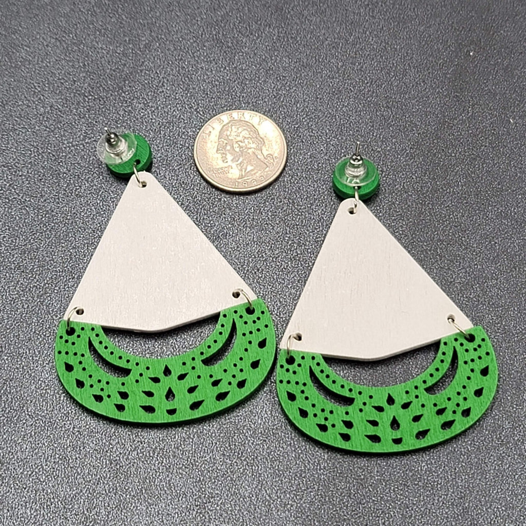 Pierced Earrings Green Multicolor Wood Statement Dangle Large 3"