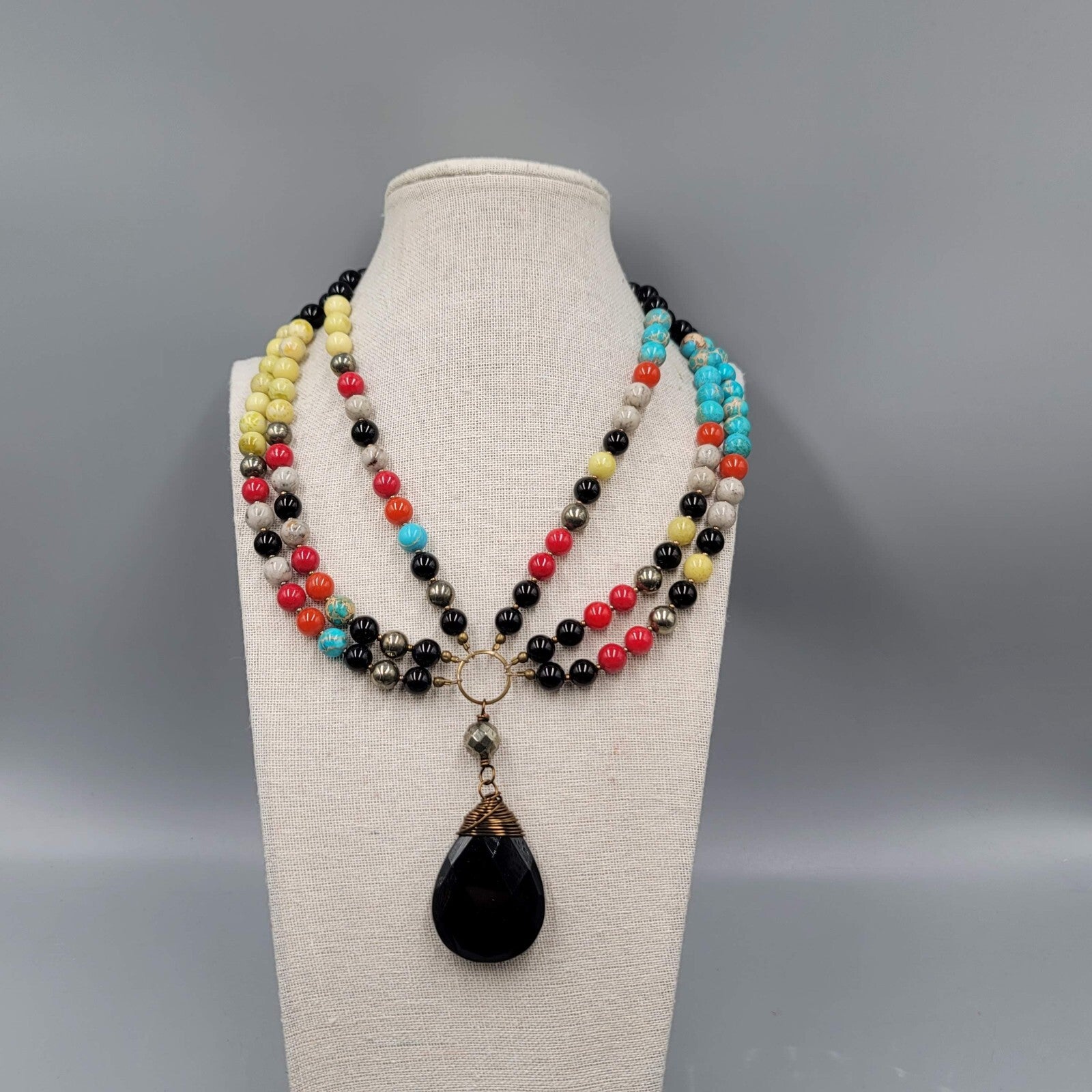Simon & Ruby Gemstone Bead Necklace Statement Sterling Silver 28"