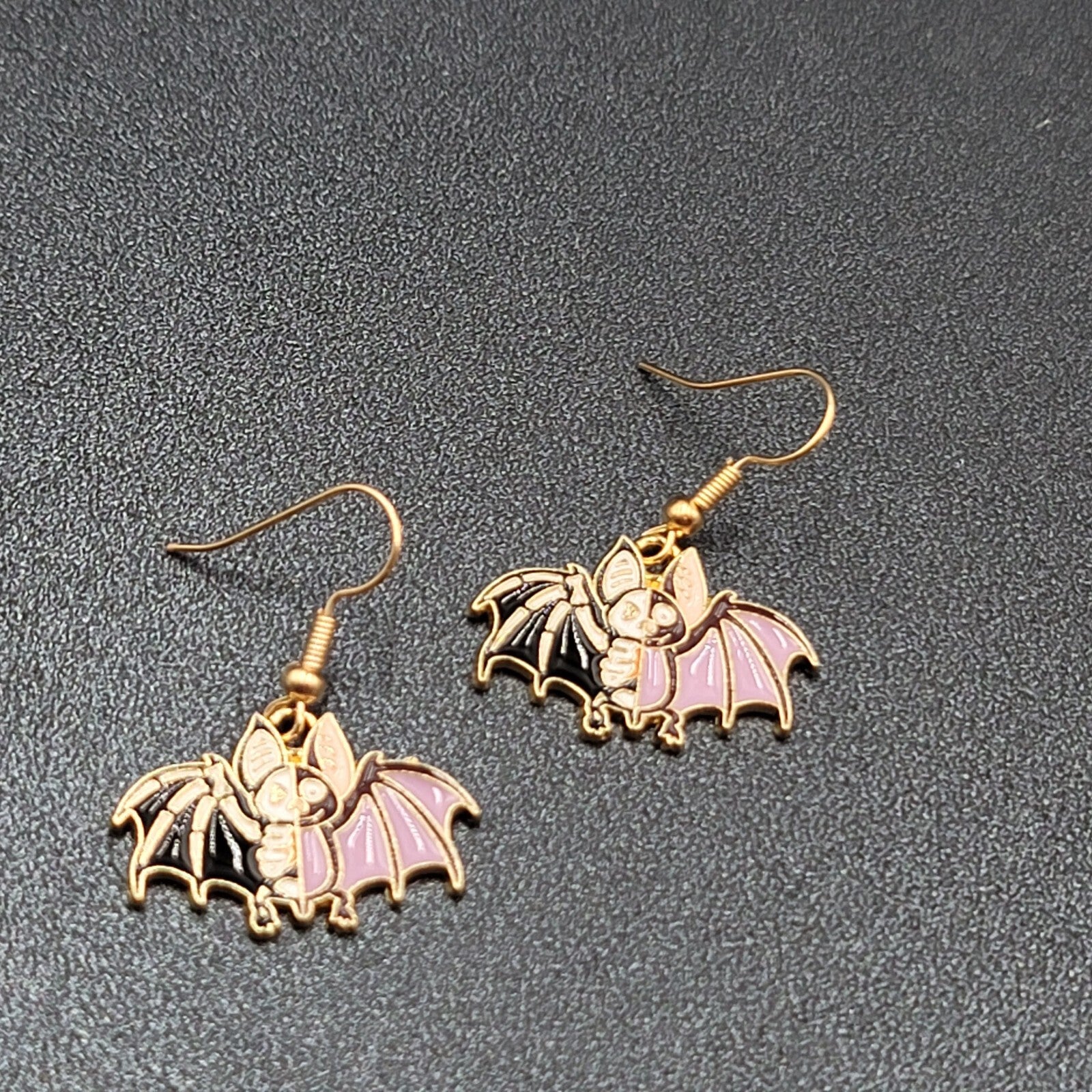 Zombie Bat Pierced Earrings Halloween Half Skeleton Enamel Dangle 3/4"