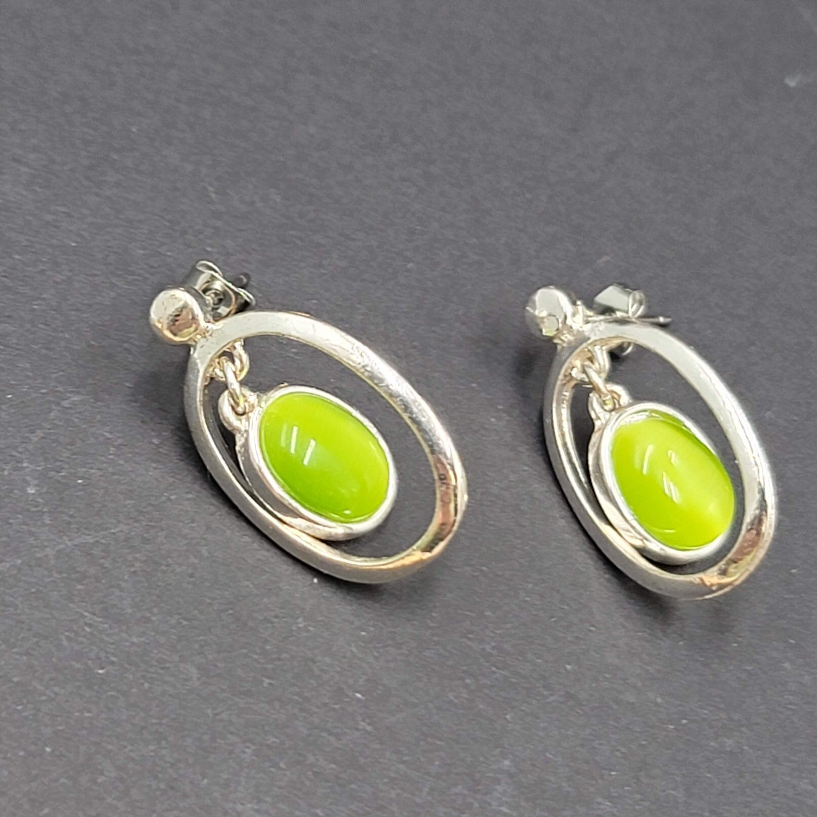 Lime Green Cats Eye Pierced Earrings Silver tone Dangle 1"