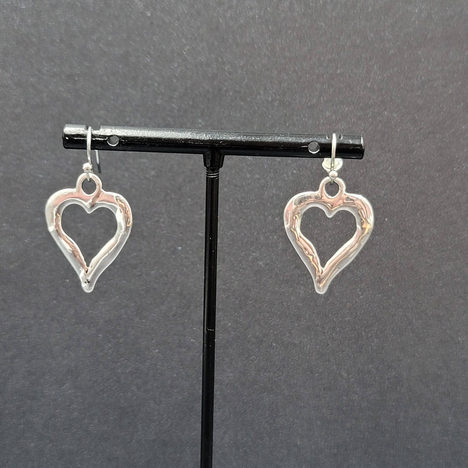 Pierced Earrings Silver tone Open Heart Dangle 1"