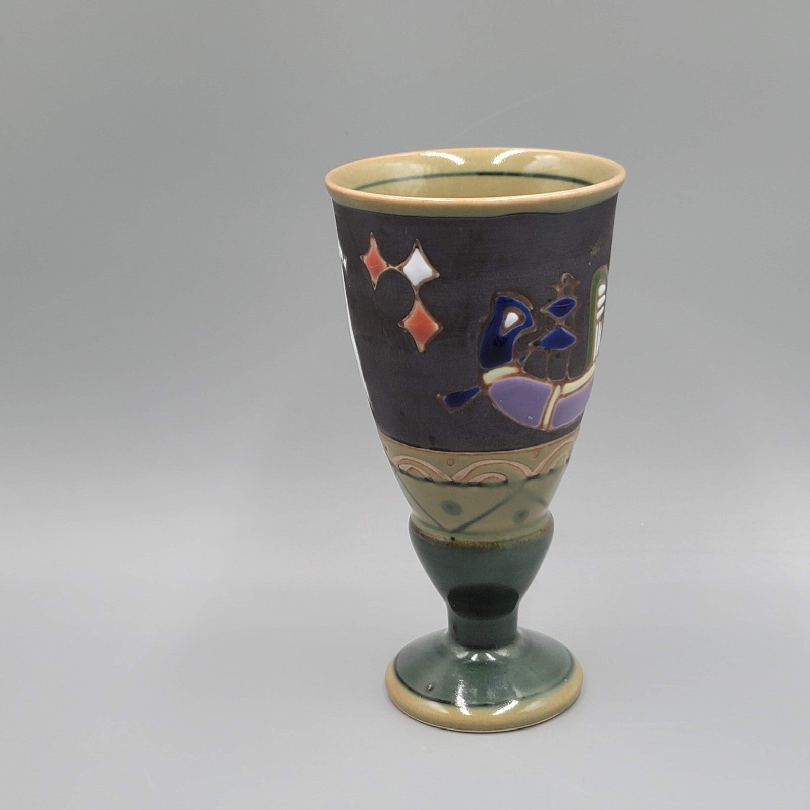 Vintage Ceramic Glazed Stoneware Pedestal Goblet Multicolor 4.75"