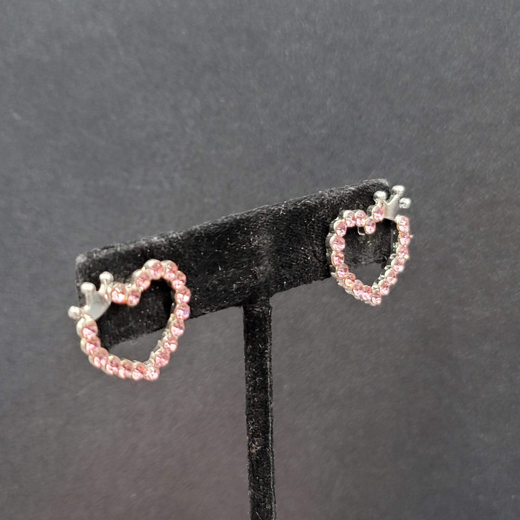 Heart Pierced Earrings Silver tone Crown Pink Crystal Studs 3/4"
