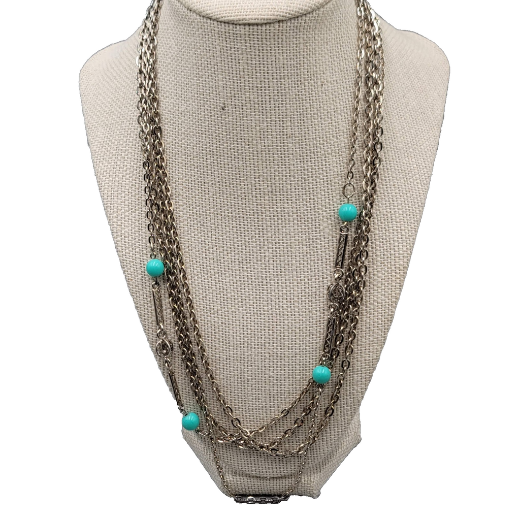 Extra Long 88 in Chain Necklace Station Blue Beads Layered