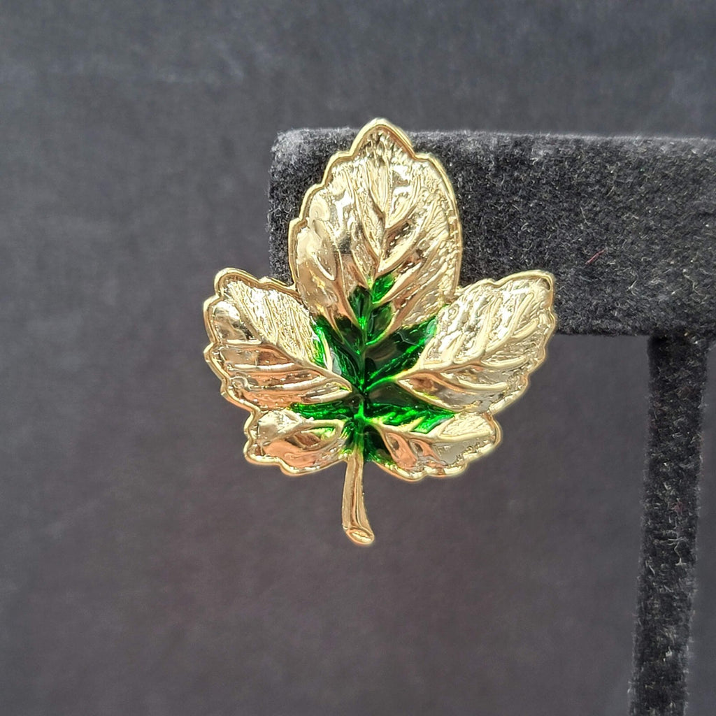 Pierced Earrings Gold tone Green Enamel Leaves Drop 1.25"