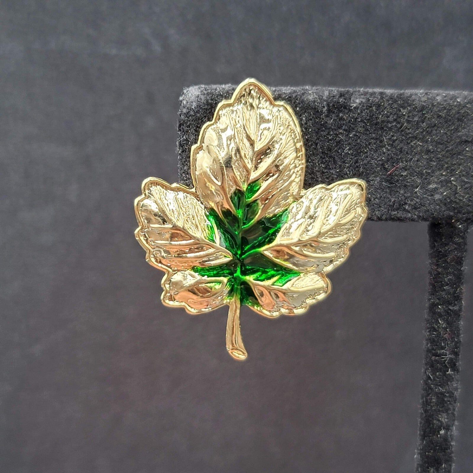 Pierced Earrings Gold tone Green Enamel Leaves Drop 1.25"