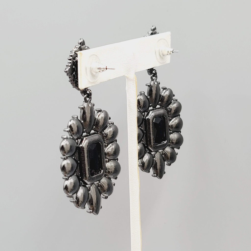 Pierced Earrings Black Metal Black Rhinestone Dangle 2.5"