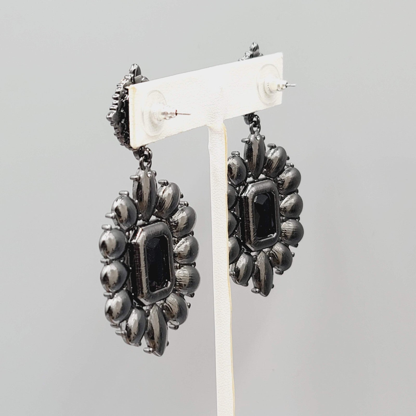 Pierced Earrings Black Metal Black Rhinestone Dangle 2.5"