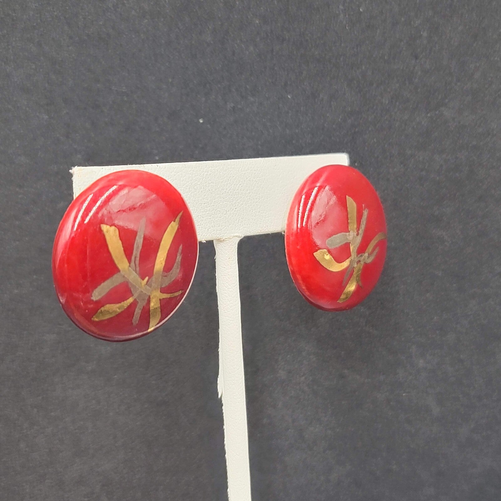 Vintage Pierced Earrings Red Hand Painted Round Pottery Drop  1"