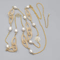 Long Dainty Pearl Necklace Gold Plated Mesh Clover Station 40"-42"