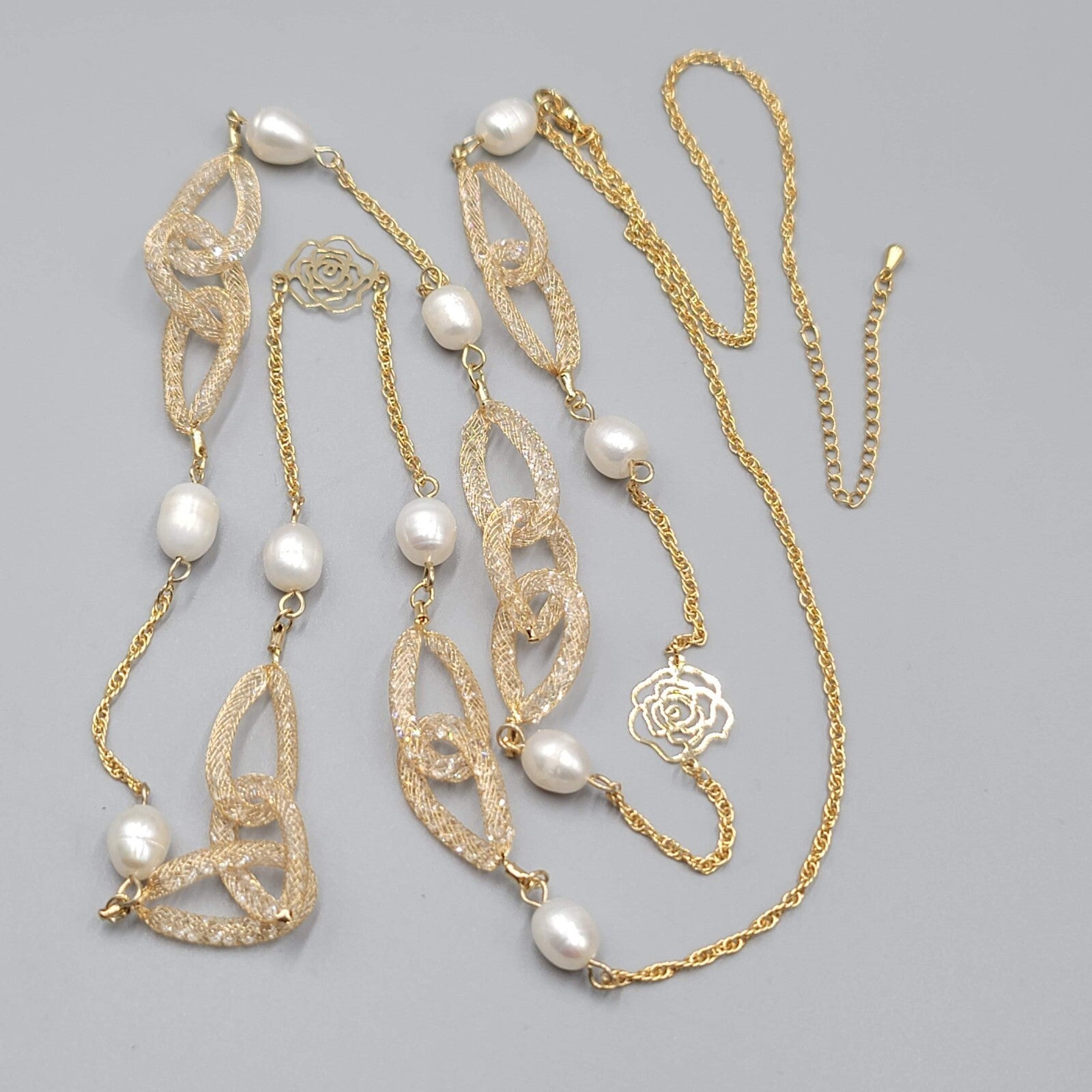 Long Dainty Pearl Necklace Gold Plated Mesh Clover Station 40"-42"