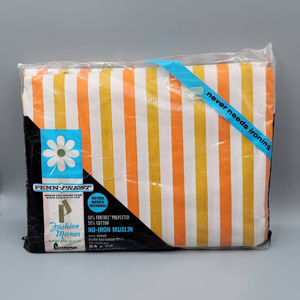 Vtg Penn-Prest Non Iron Orange Striped Double Bed Fitted Sheet Polyester Cotton