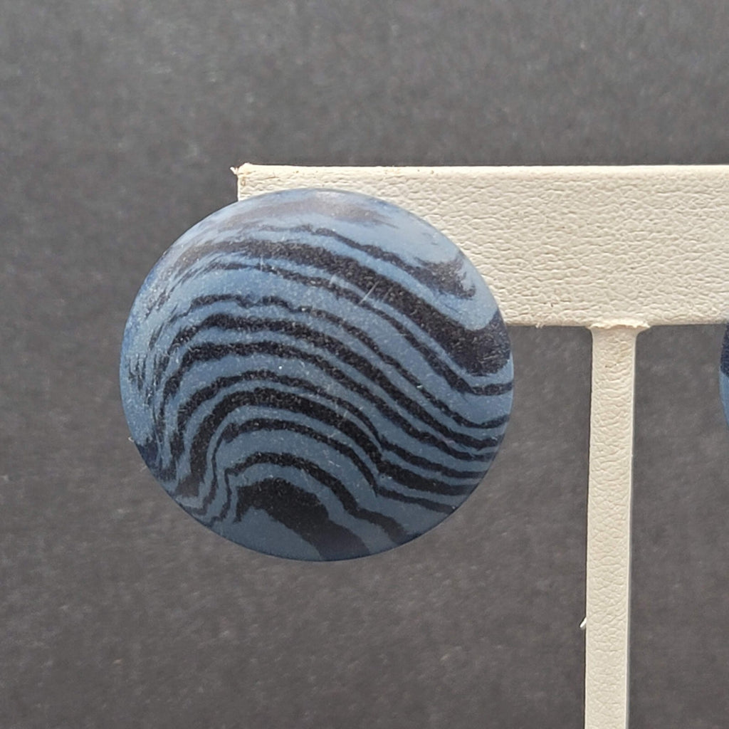 Vintage Pierced Earrings Blue Black Swirl Disc Drop 1.25"