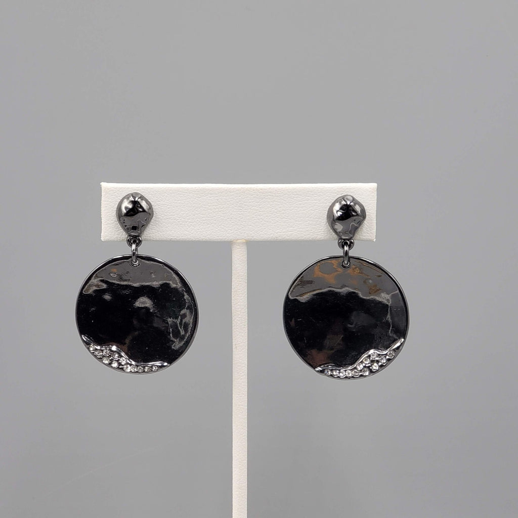 Black Metal Statement Pierced Earrings Rhinestone Round Dangle 1 5/8"
