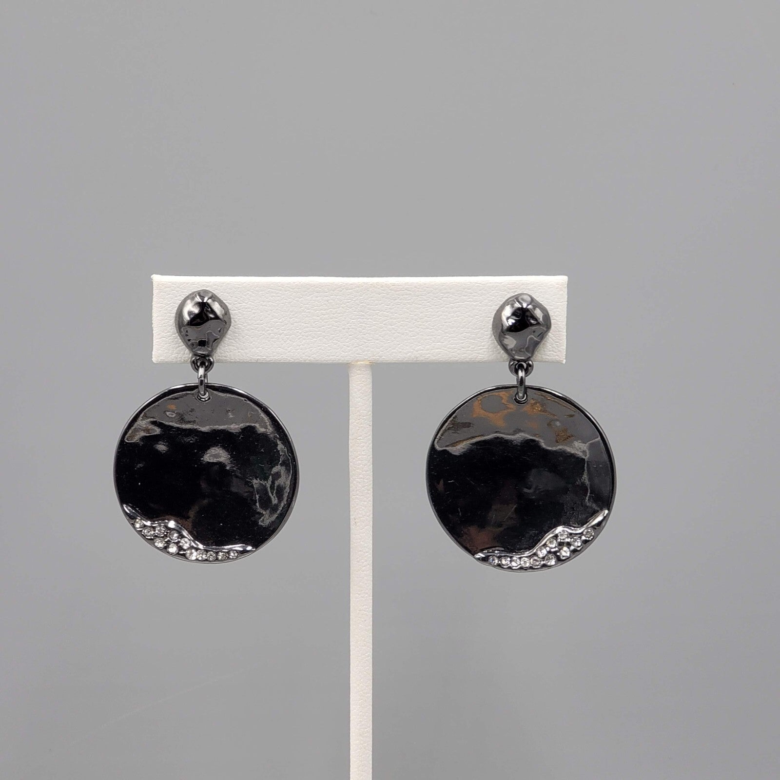 Black Metal Statement Pierced Earrings Rhinestone Round Dangle 1 5/8"