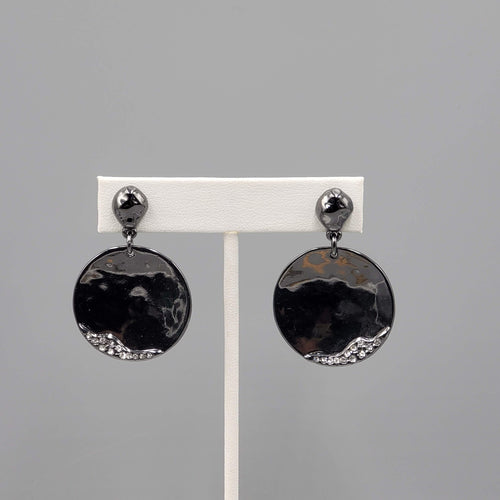 Black Metal Statement Pierced Earrings Rhinestone Round Dangle 1 5/8"