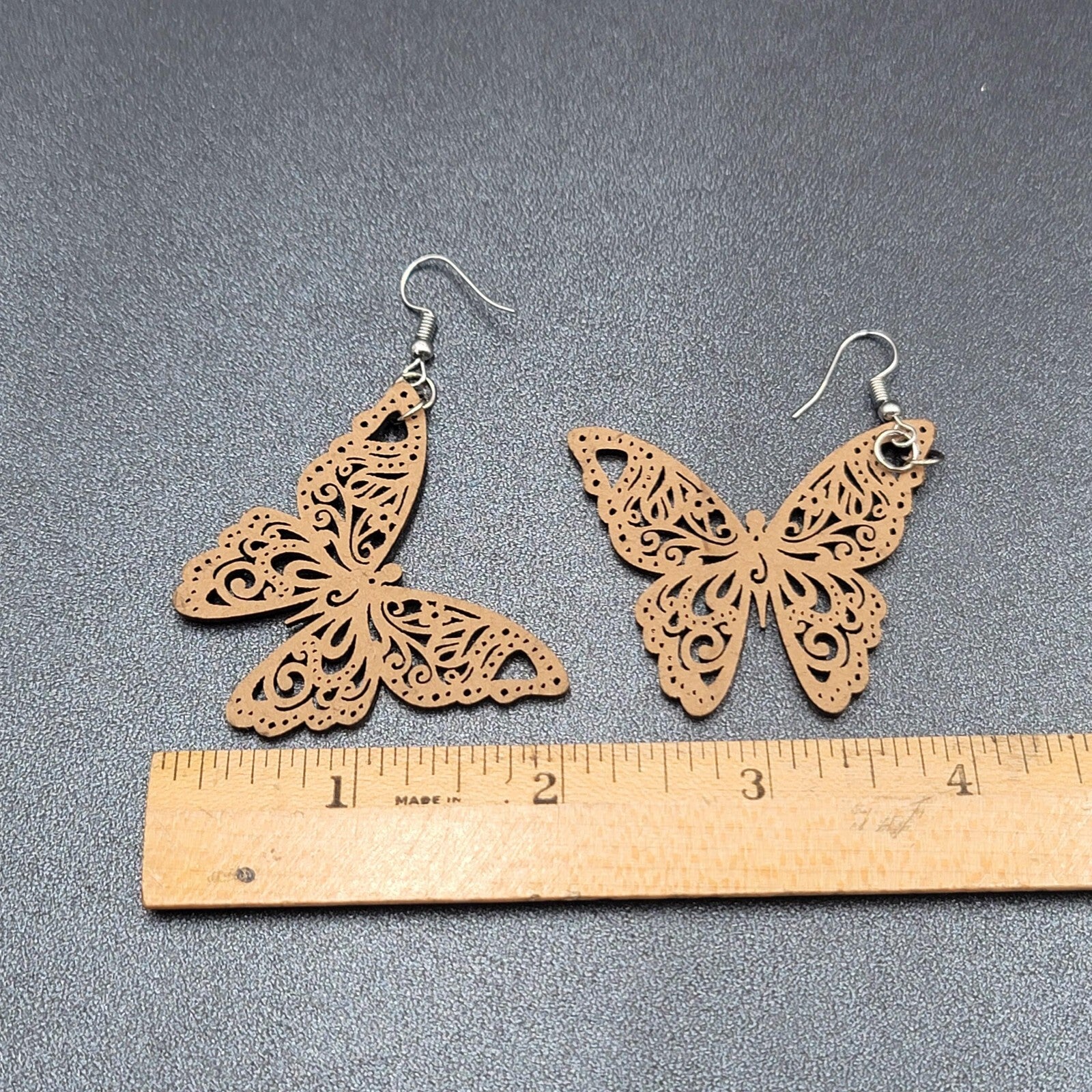 Butterfly Pierced Earrings Wood Cut Open Work Dangle 1 5/8"