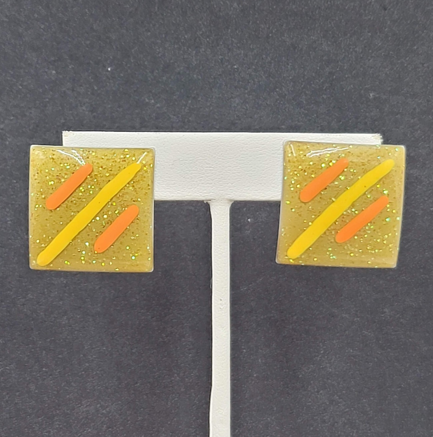 Vintage 1980s Pierced Earrings Glitter Enamel Yellow Orange Gold Square Drop 1"