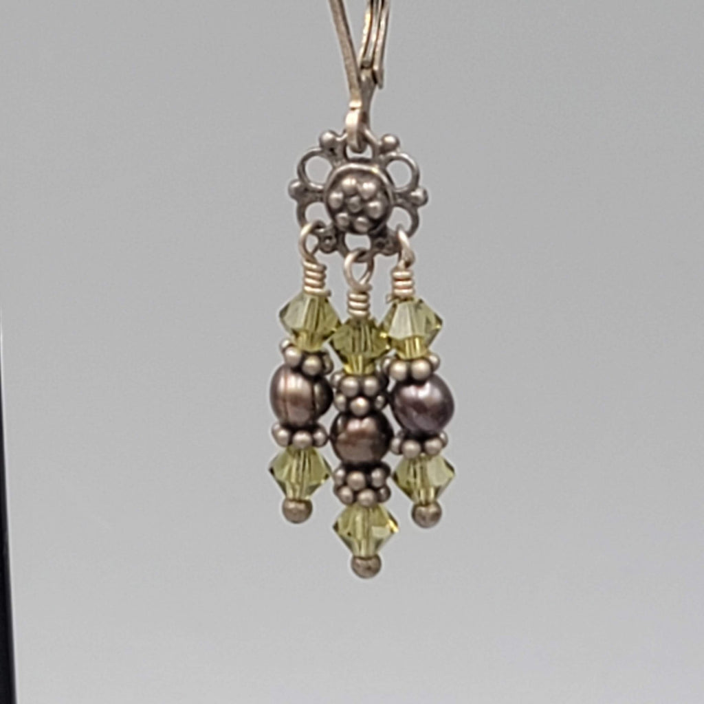 Pearl and Green Bead Sterling Silver Pierced Earrings Dangle 1 1/8 in 925