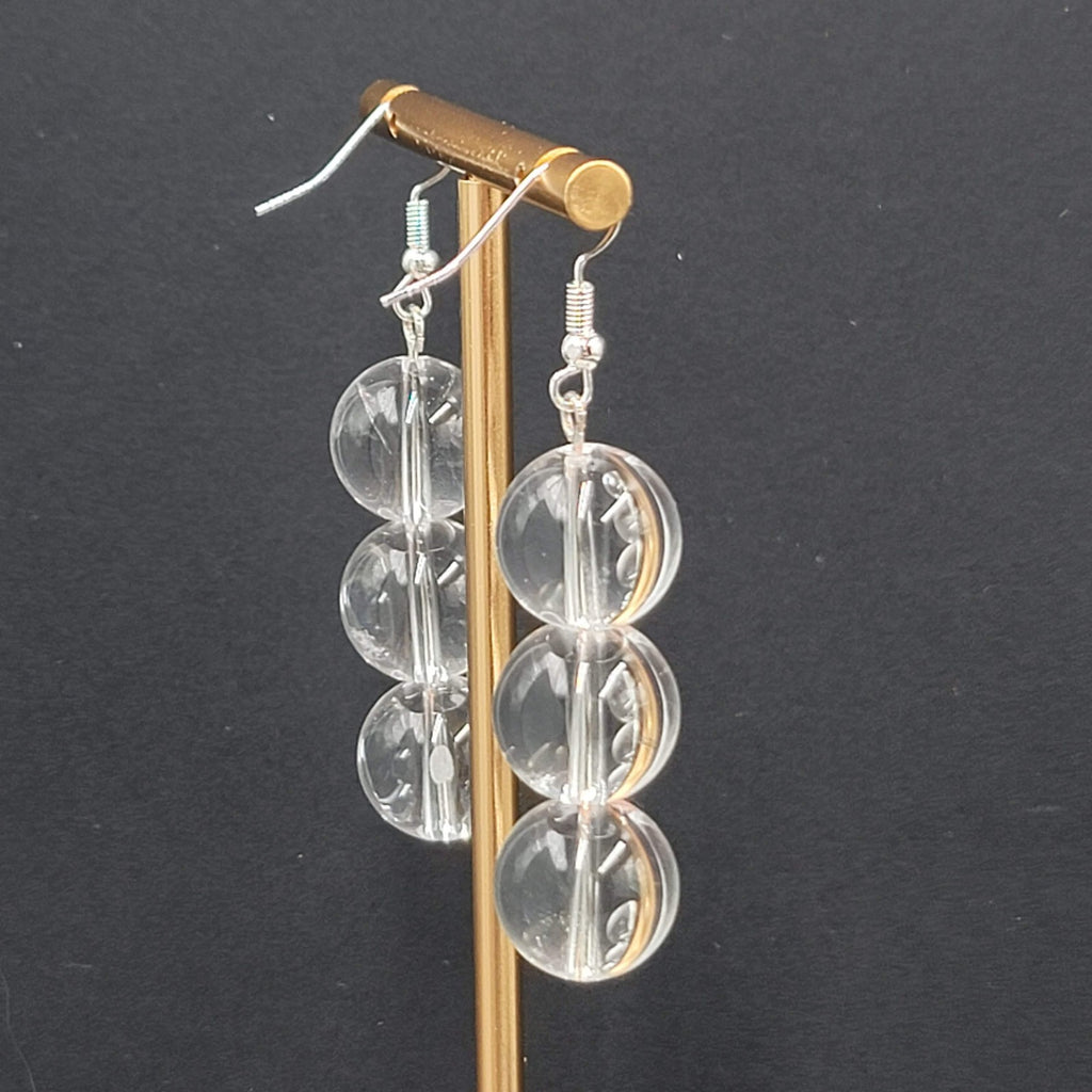 Sphere Glass Bead Dangle Pierced Earrings Silver tone 1.75"