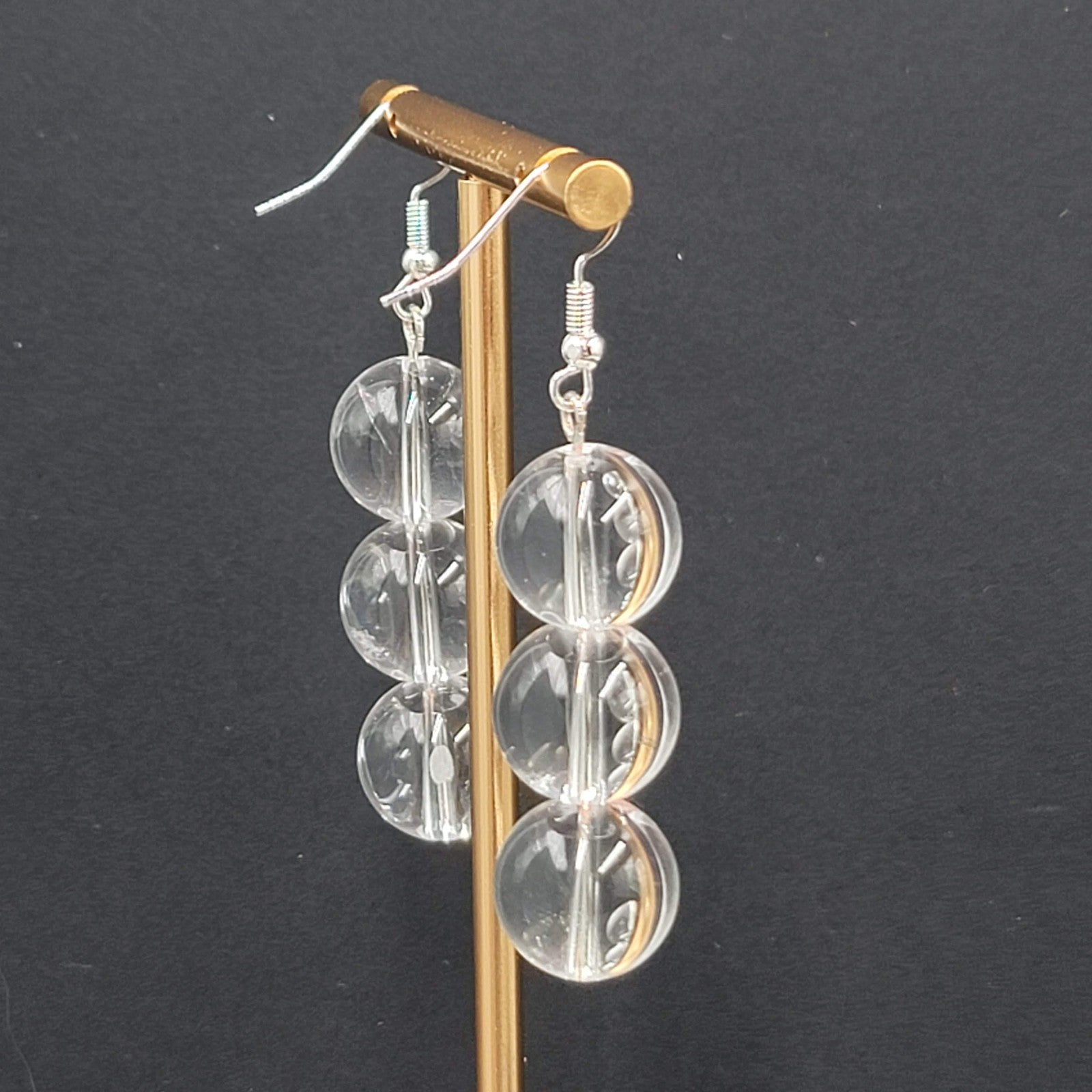 Sphere Glass Bead Dangle Pierced Earrings Silver tone 1.75"