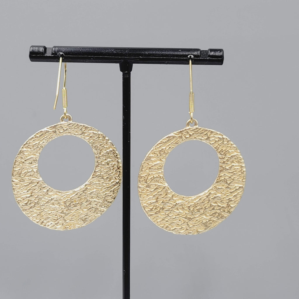 Pierced Earrings Gold tone Hoops Dangle Nugget Embossed Design 1.5"