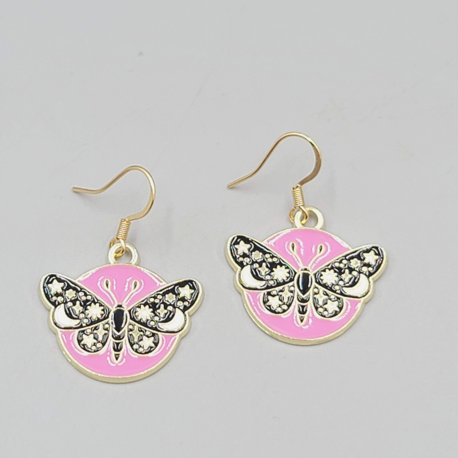 Black Moth Hot Pink Enamel Pierced Earrings Gold tone Dangle Butterfly 7/8"