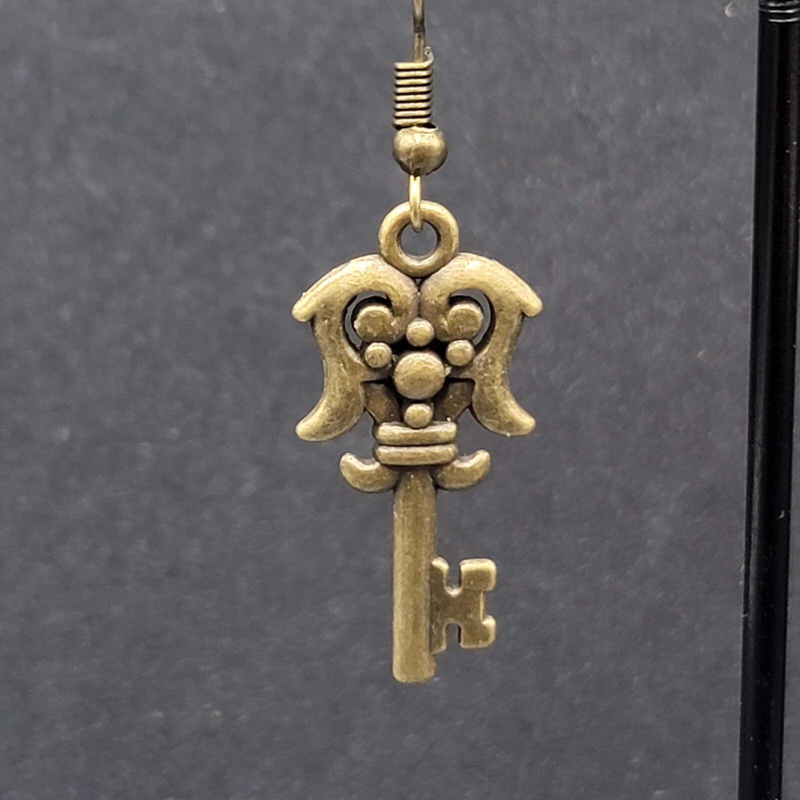 Fancy Skeleton Key Pierced Earrings Bronze tone Dangle NEW  1 1/8"