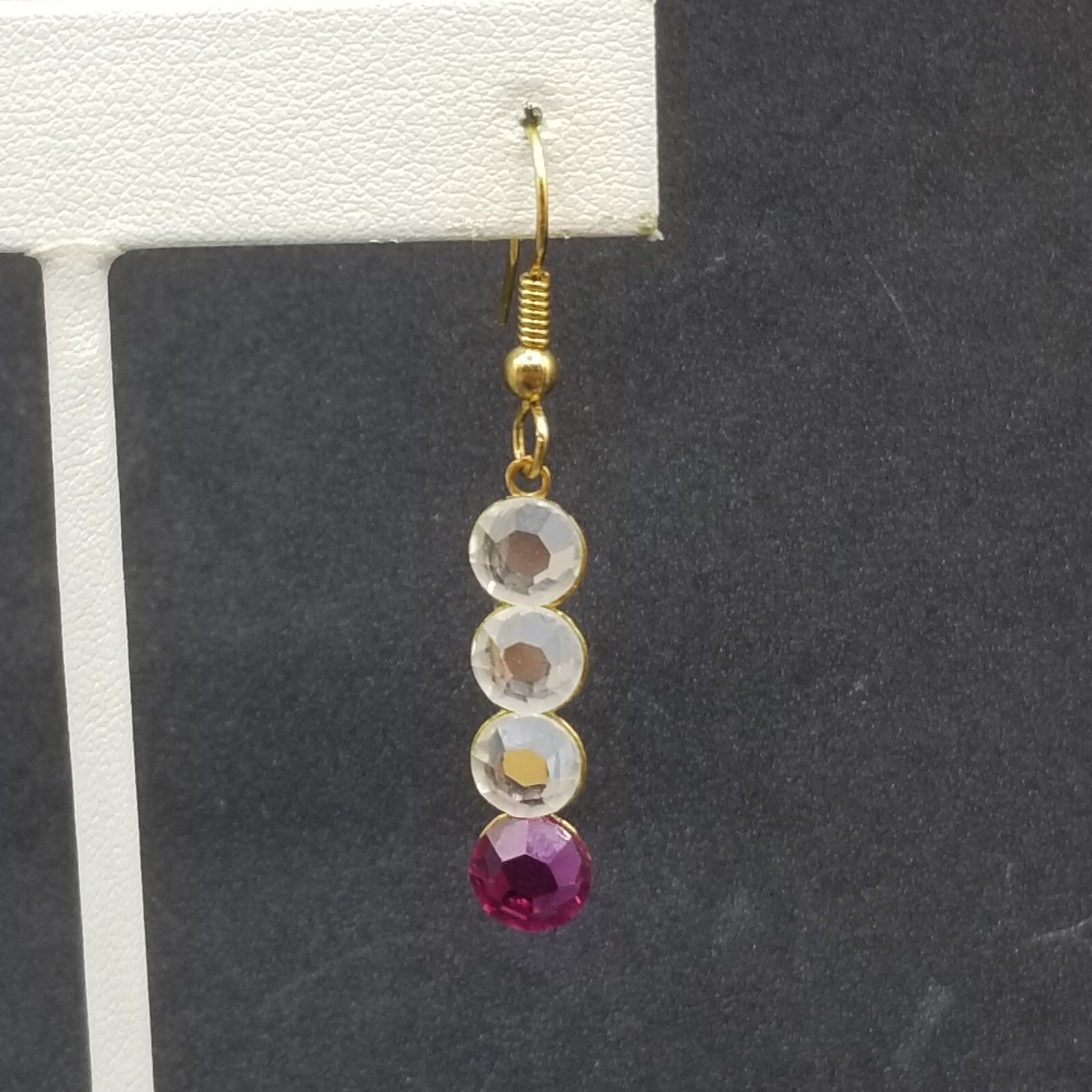 Pierced Earrings Gold tone Clear Purple Faceted Crystal Dangle 1"