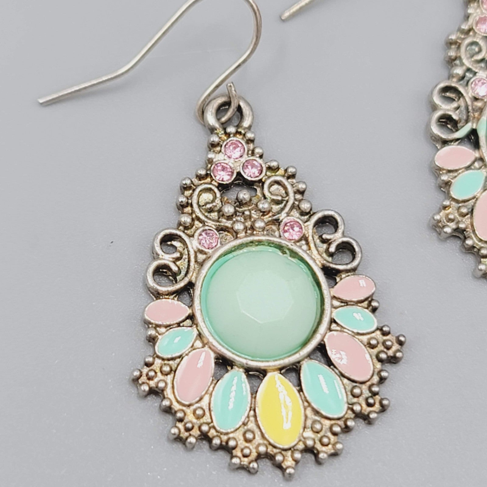 Pierced Earrings Silver tone Dangle Multi color Pastel Enamel Teardrop 1.25"