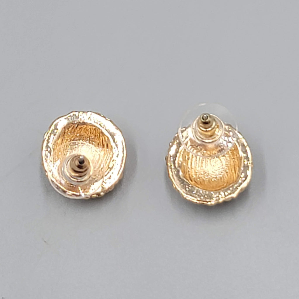 Dome Pierced Earrings Gold tone Clear Rhinestone 5/8 in