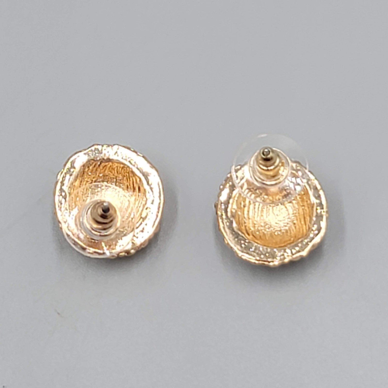Dome Pierced Earrings Gold tone Clear Rhinestone 5/8 in