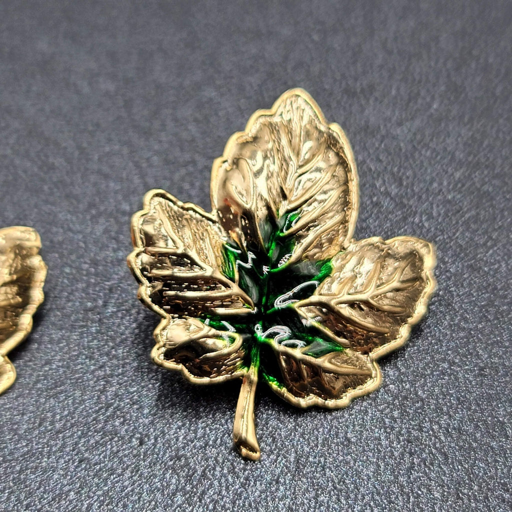 Pierced Earrings Gold tone Green Enamel Leaves Drop 1.25"