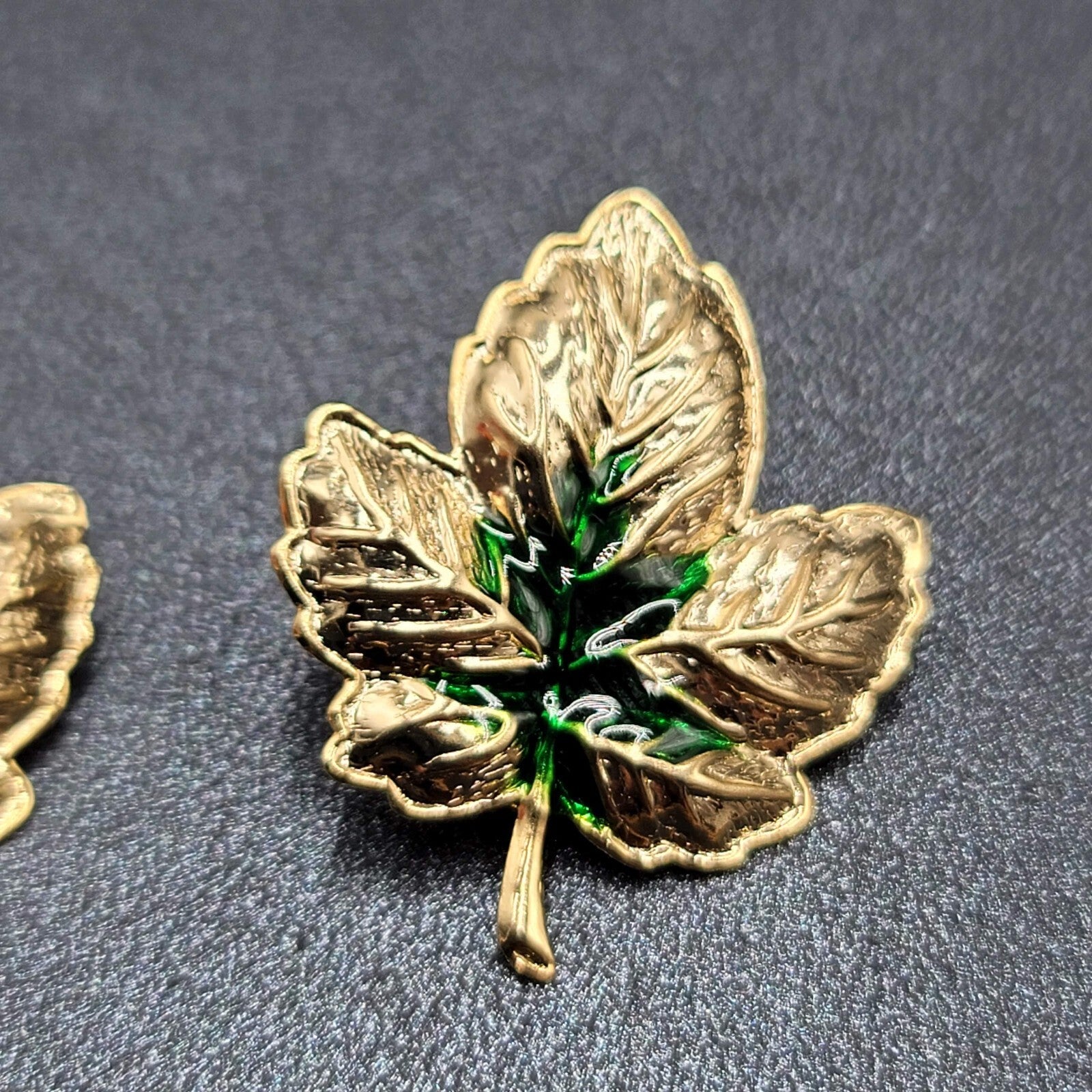 Pierced Earrings Gold tone Green Enamel Leaves Drop 1.25"