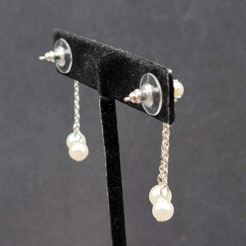 Vintage Pierced Earrings Silver tone White Bead Dangle Chains 1 3/8"