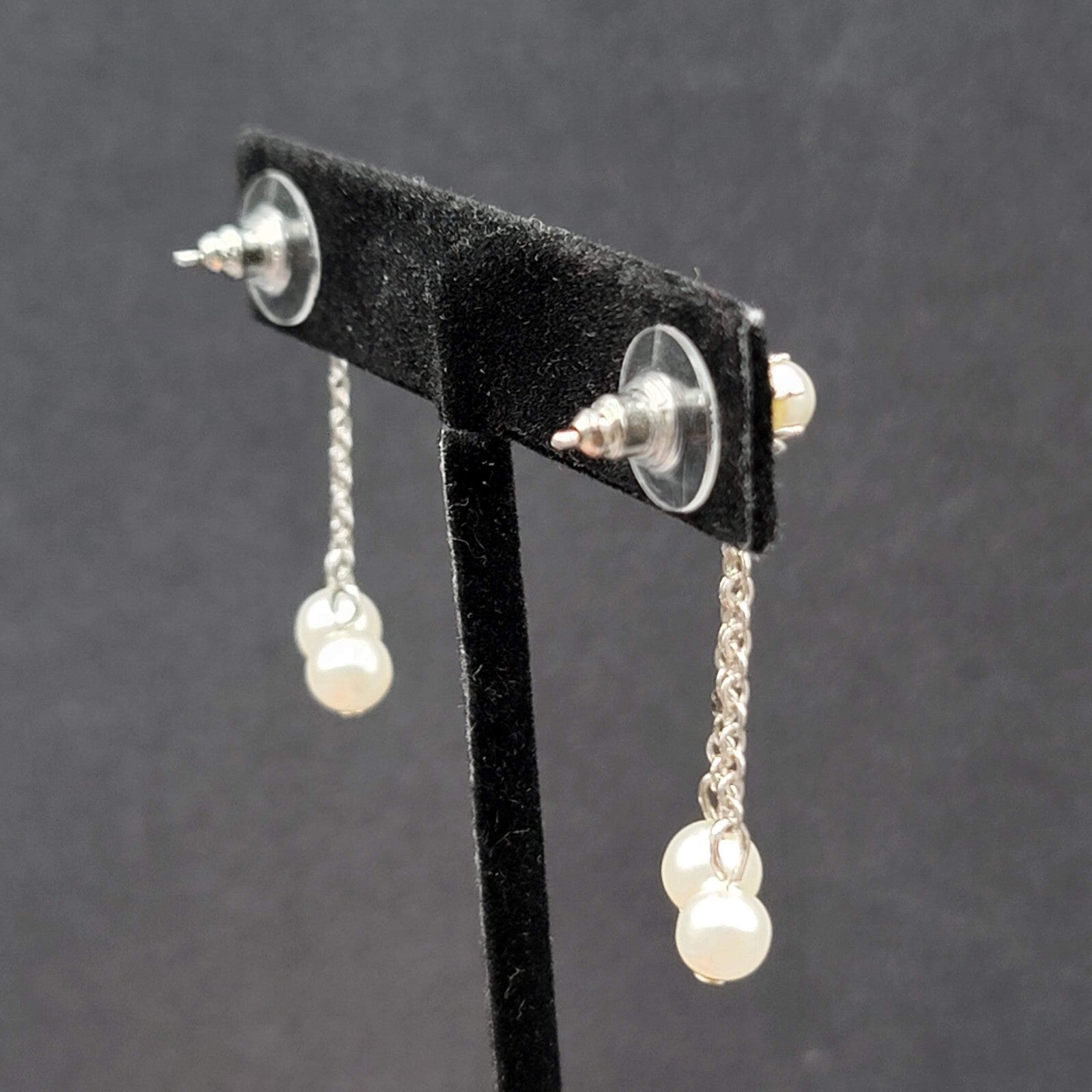 Vintage Pierced Earrings Silver tone White Bead Dangle Chains 1 3/8"