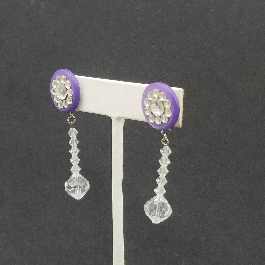 Pierced Earrings Purple Button Crystal Faceted Bead Statement Dangle 2"