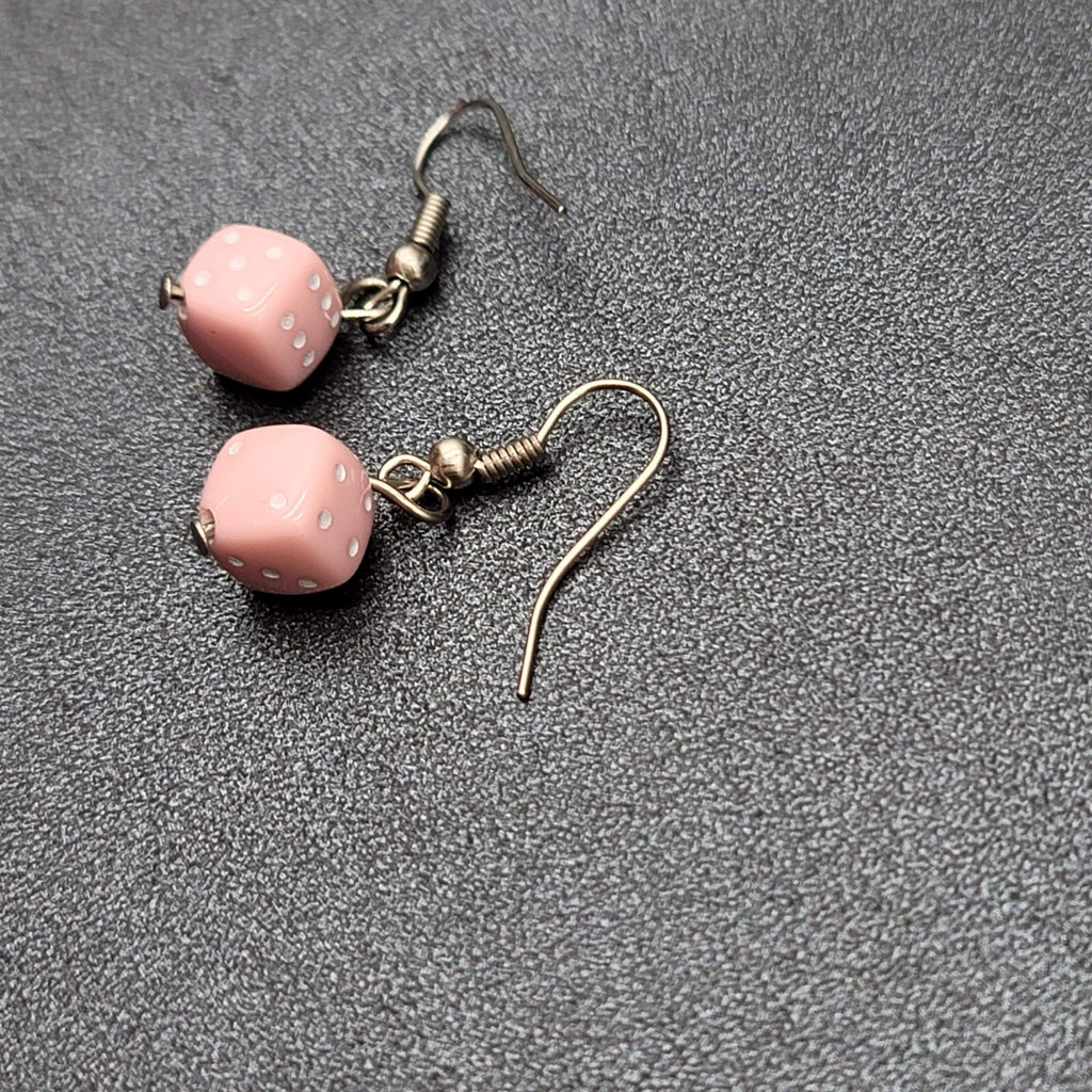 Pierced Earrings Silver tone Pink White Dice Dangle Small 3/8"