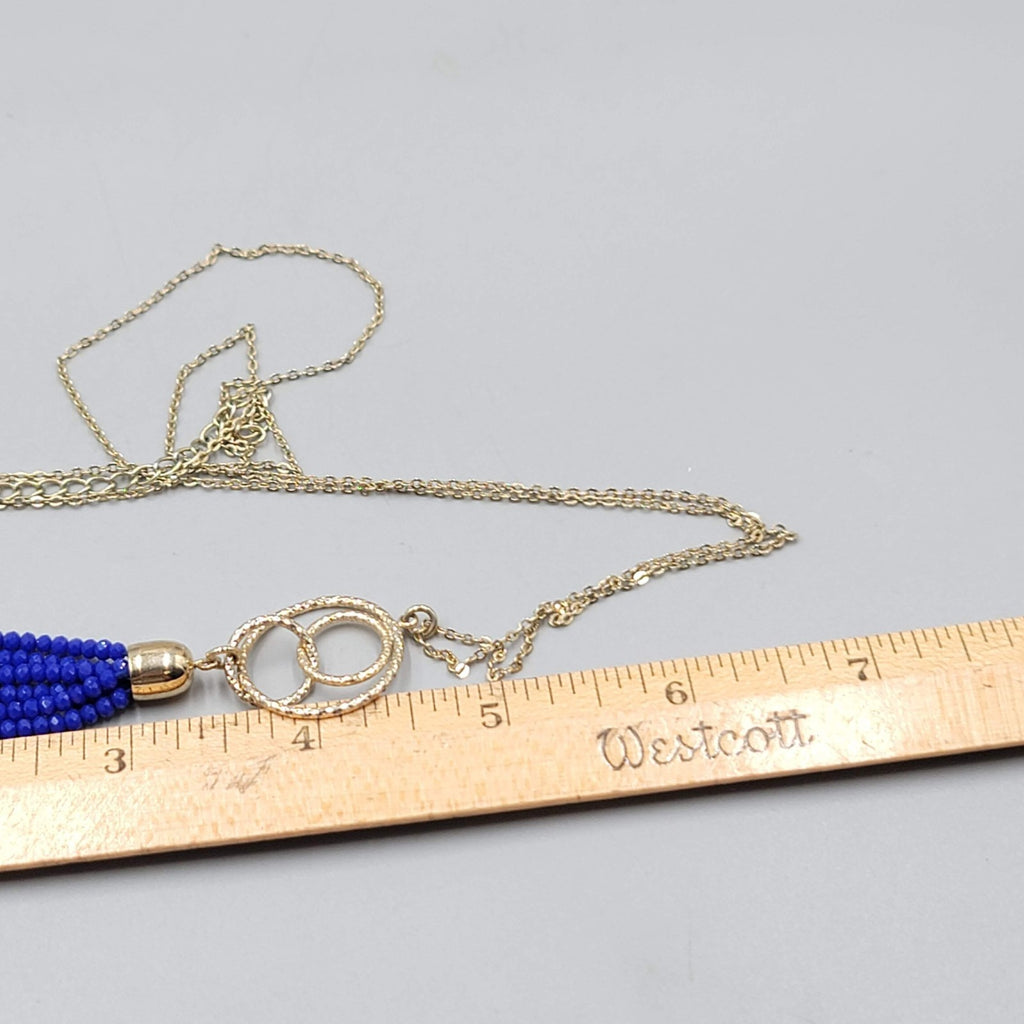 Blue Crystal Bead Tassel Pendant Necklace Gold tone LONG Chain 28"
