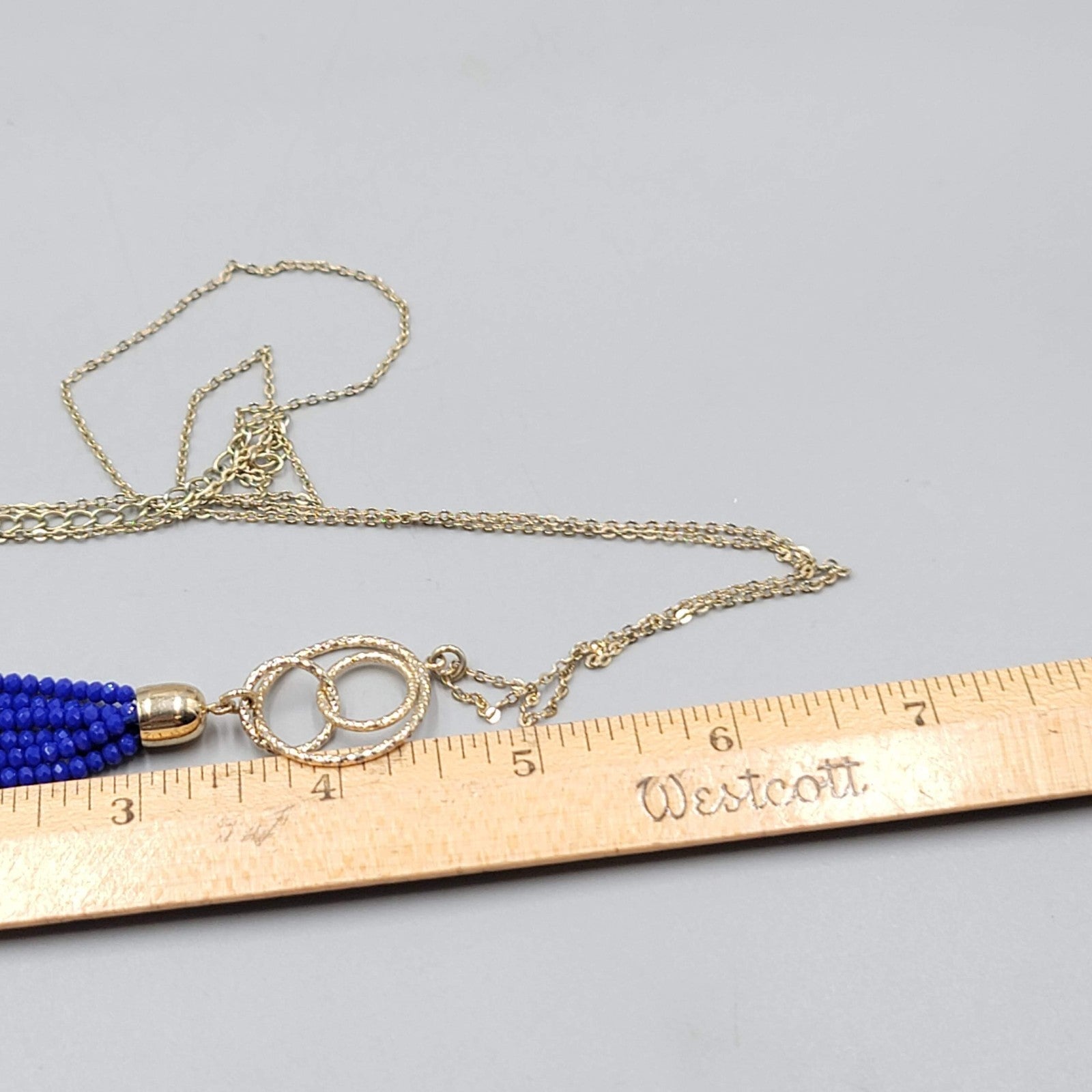 Blue Crystal Bead Tassel Pendant Necklace Gold tone LONG Chain 28"