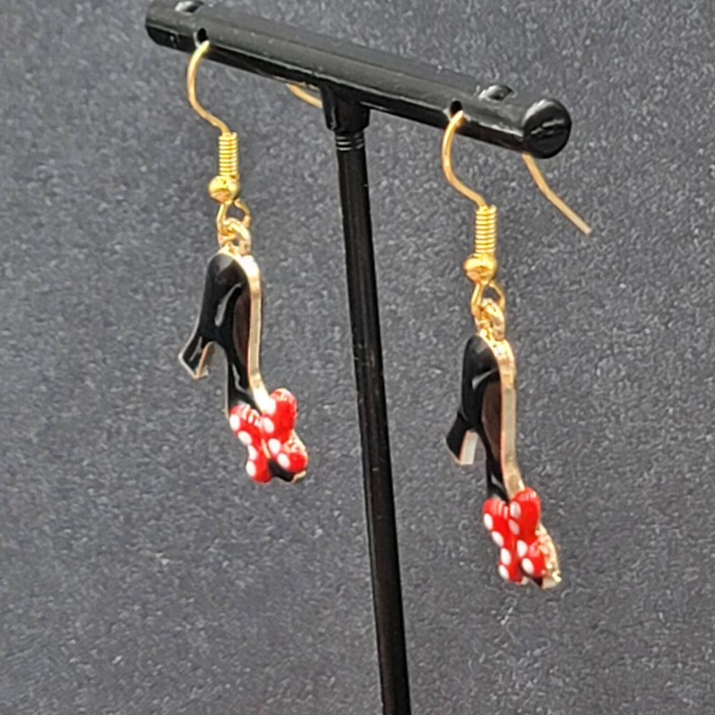 High Heel Shoes Pierced Earrings Gold tone Red Black Enamel Dangle 1"