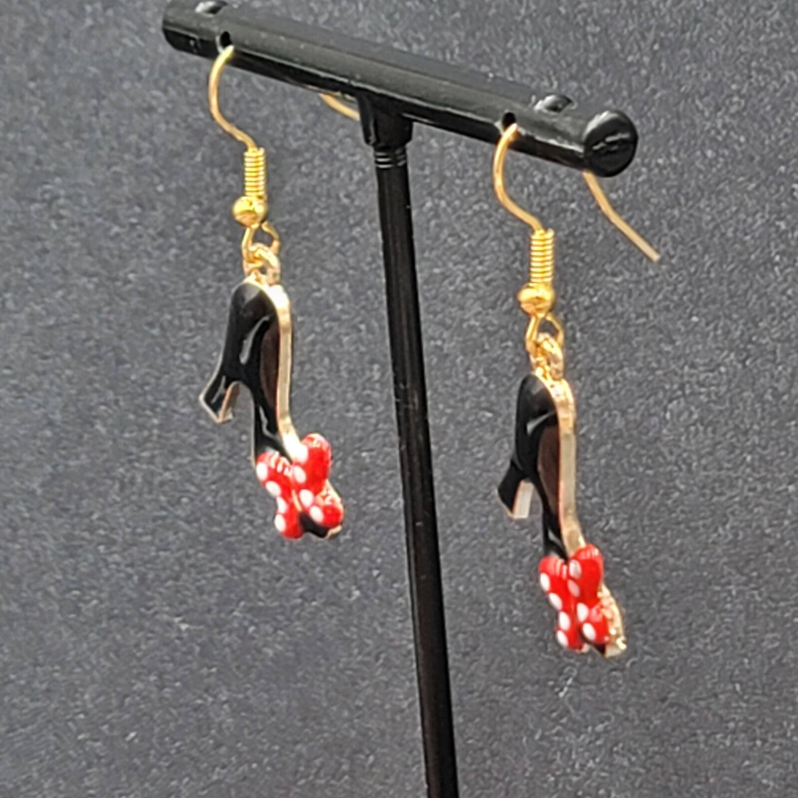 High Heel Shoes Pierced Earrings Gold tone Red Black Enamel Dangle 1"