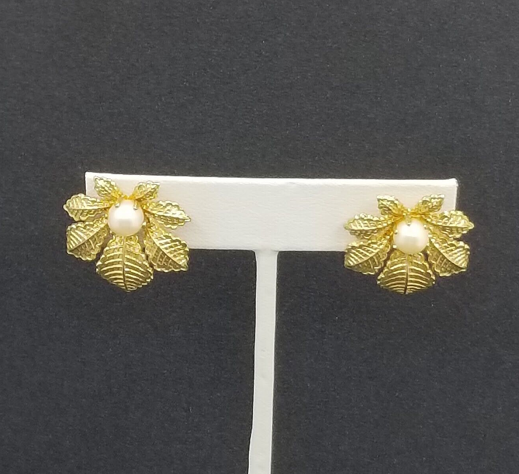 Vintage Clip On Earrings Gold tone Leaf with Faux Pearl Drop 1"