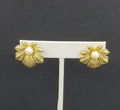 Vintage Clip On Earrings Gold tone Leaf with Faux Pearl Drop 1"
