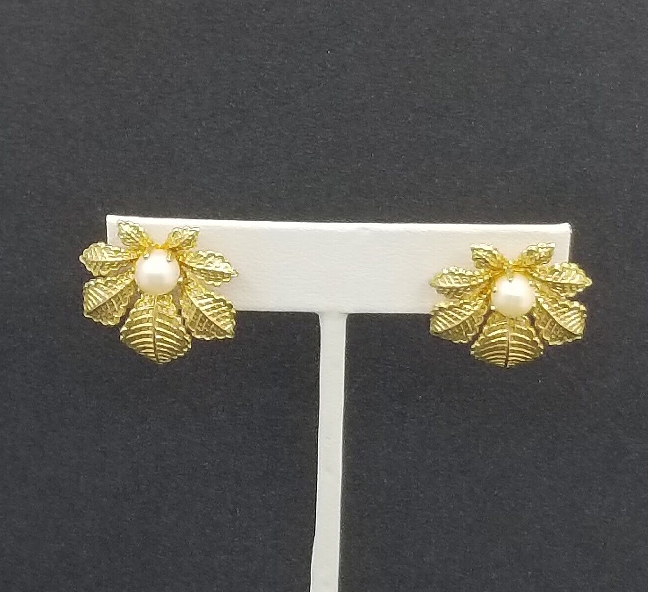 Vintage Clip On Earrings Gold tone Leaf with Faux Pearl Drop 1"
