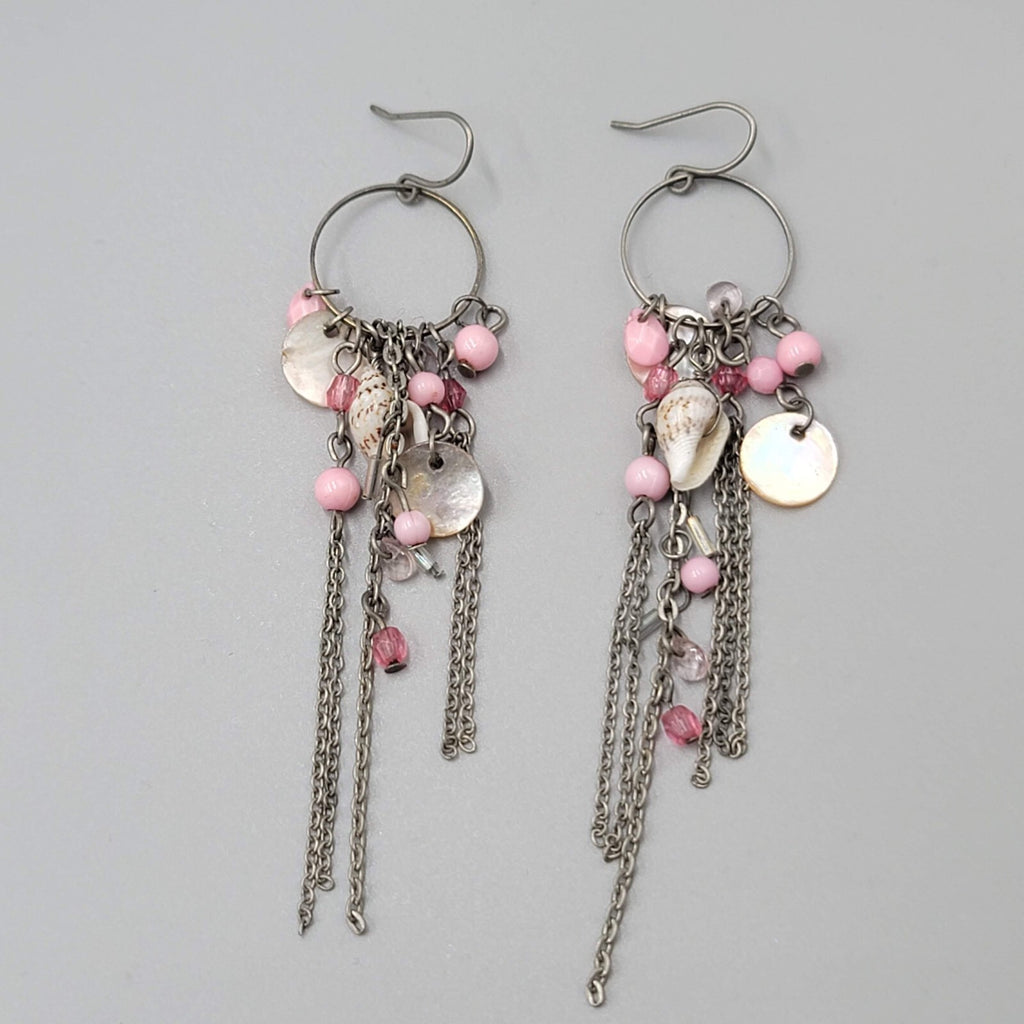 Pink Bead Seashell Pierced Earrings Silver tone Long Dangle Chains 3.25"