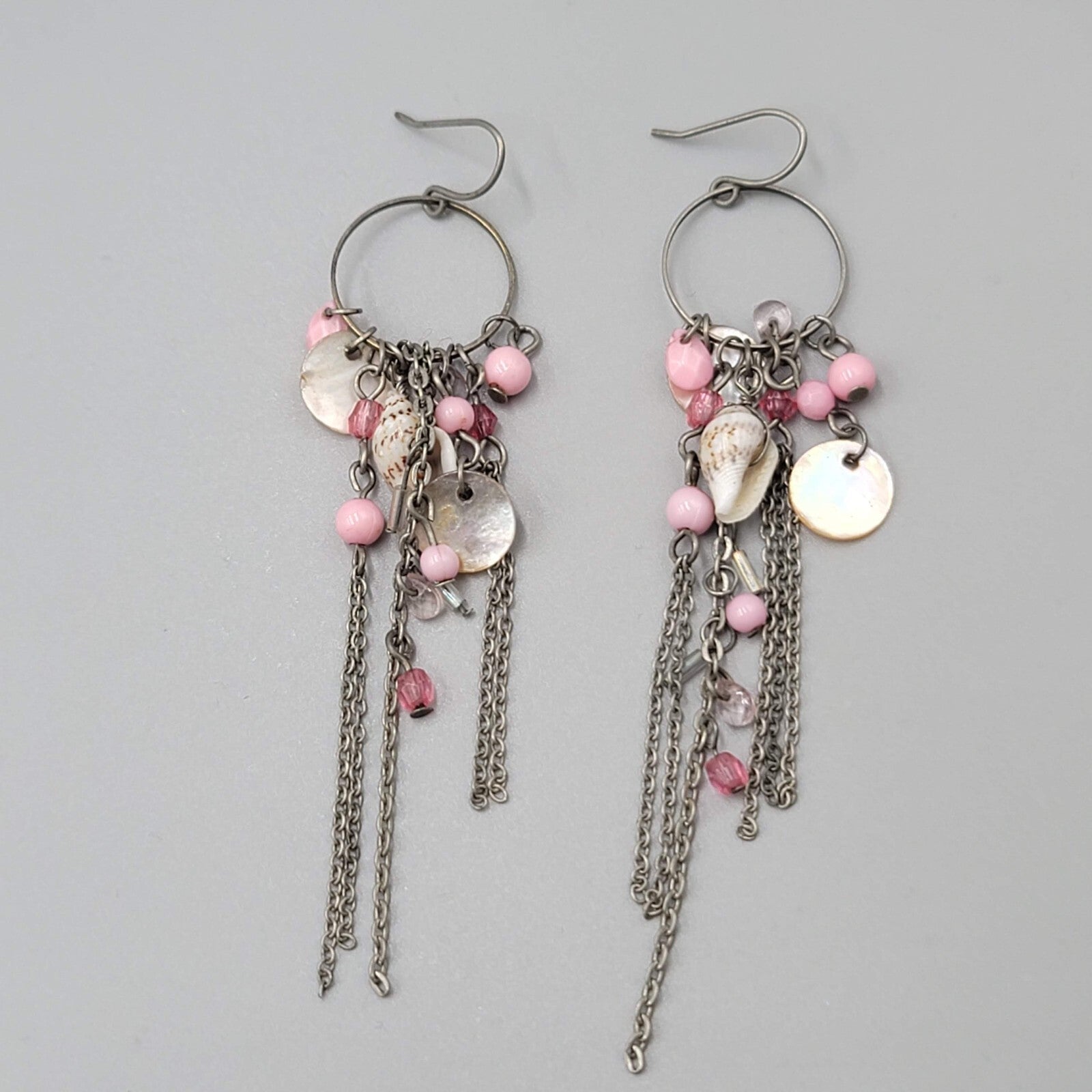Pink Bead Seashell Pierced Earrings Silver tone Long Dangle Chains 3.25"