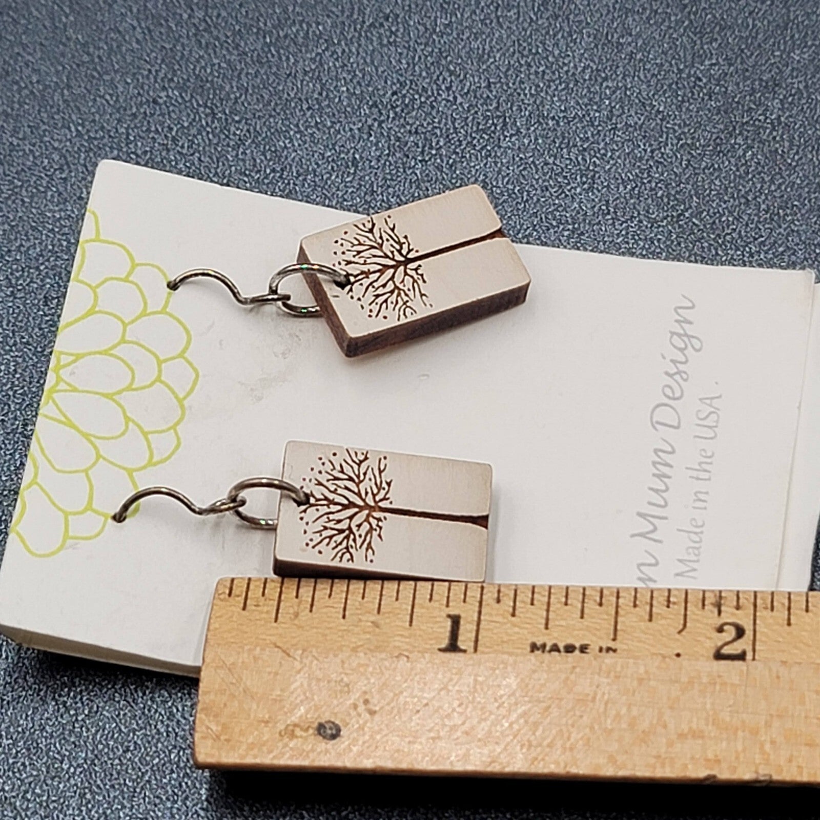 Green Mum Design Pierced Earrings Laser Cut Tree Wood Dangle 1"