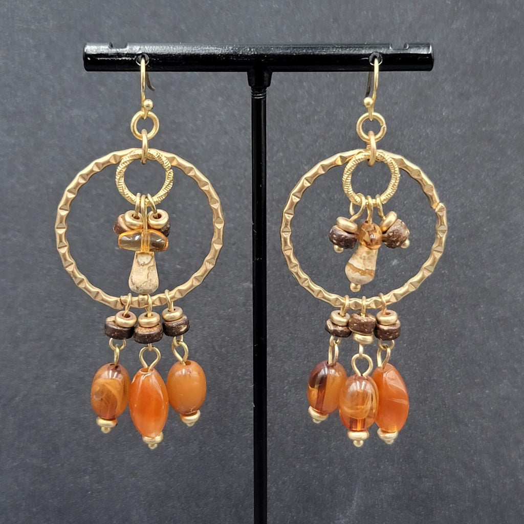 Pierced Earrings Gold tone Natural Colored Acrylic Beads Coconut Shell Bead 2.5"