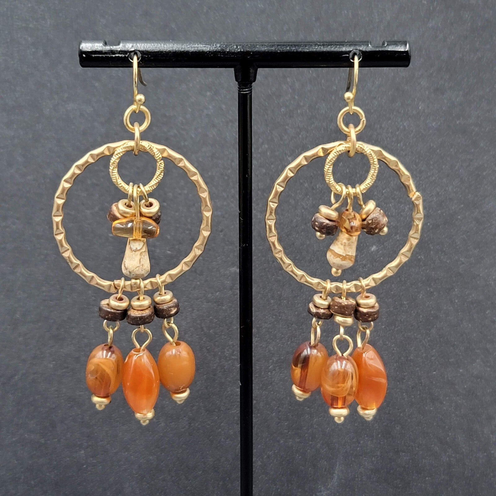 Pierced Earrings Gold tone Natural Colored Acrylic Beads Coconut Shell Bead 2.5"